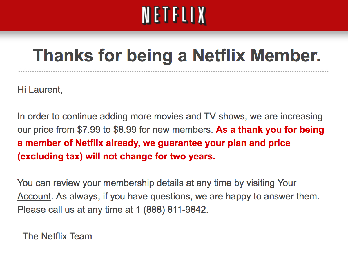 Le courriel que Netflix a envoyé à ses abonnés.