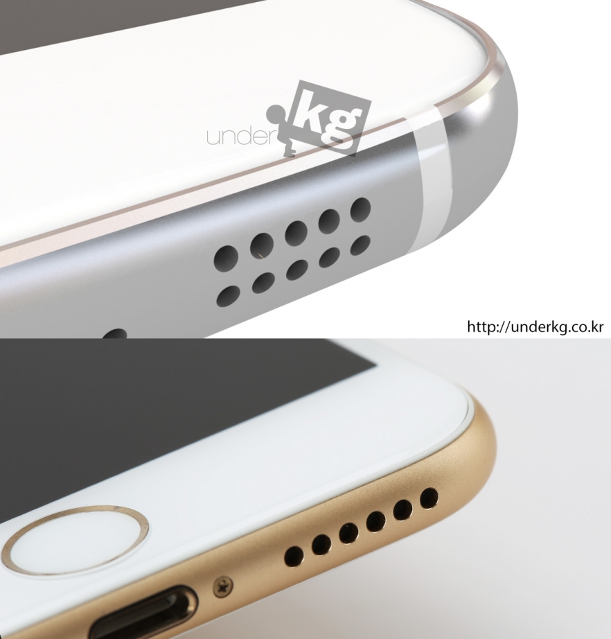 Le bas de ce que pourrait être le Galaxy S6 comparé à celui de l'iPhone 6.