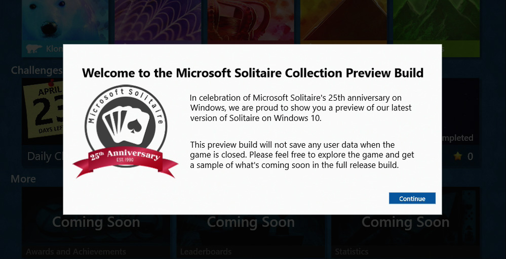Le message d'accueil de Solitaire sous Windows 10 (Image : Steven Troughton-Smith).