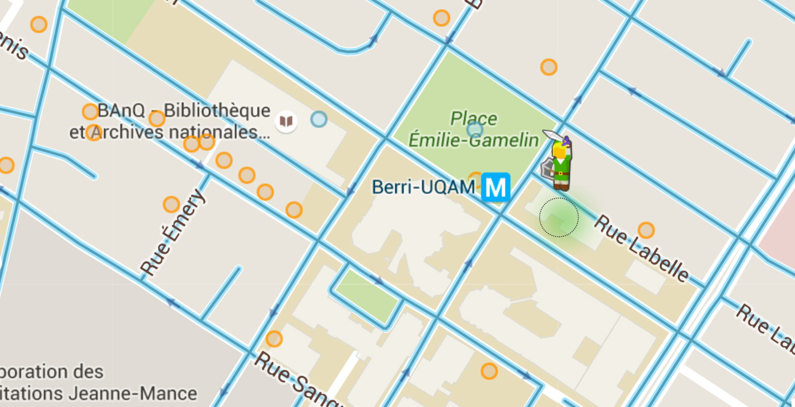 Link se rend à la Place Émilie-Gamelin à Montréal.