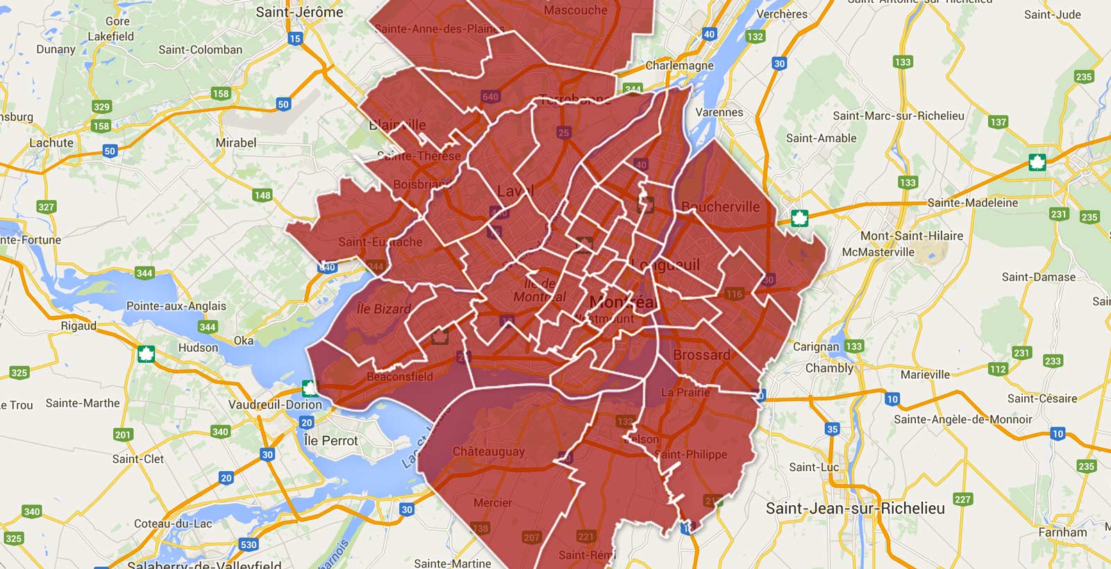 La région de Montréal divisée par circonscriptions. Uber propose une carte identique pour la région de Québec.