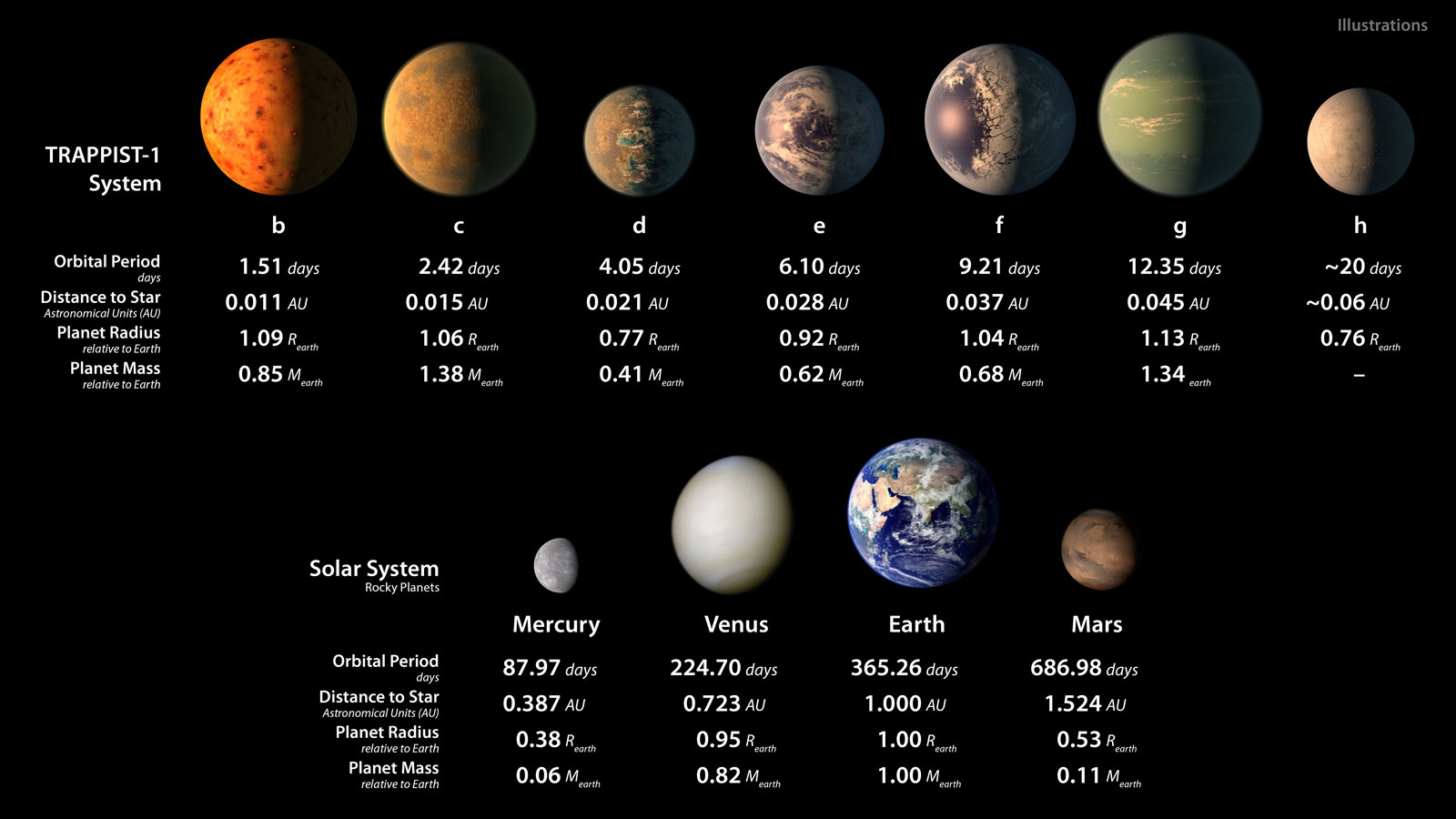 Les sept exoplanètes du système TRAPPIST-1 comparées à celles de notre système solaire (Illustration : NASA).