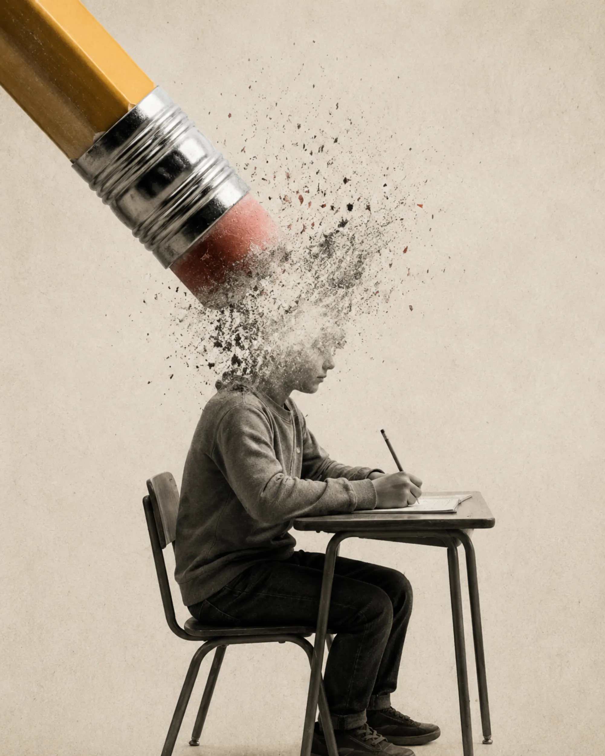 Élève écrivant à son pupitre pendant qu’un crayon efface symboliquement ses idées