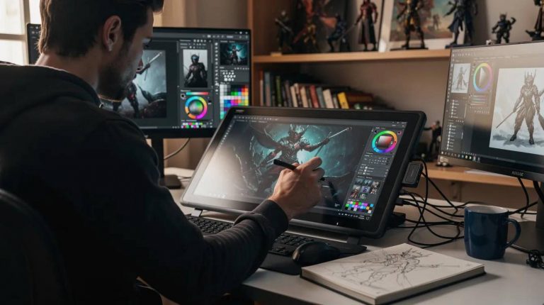 Créateur utilisant une tablette graphique et des outils d’intelligence artificielle pour concevoir une image numérique.