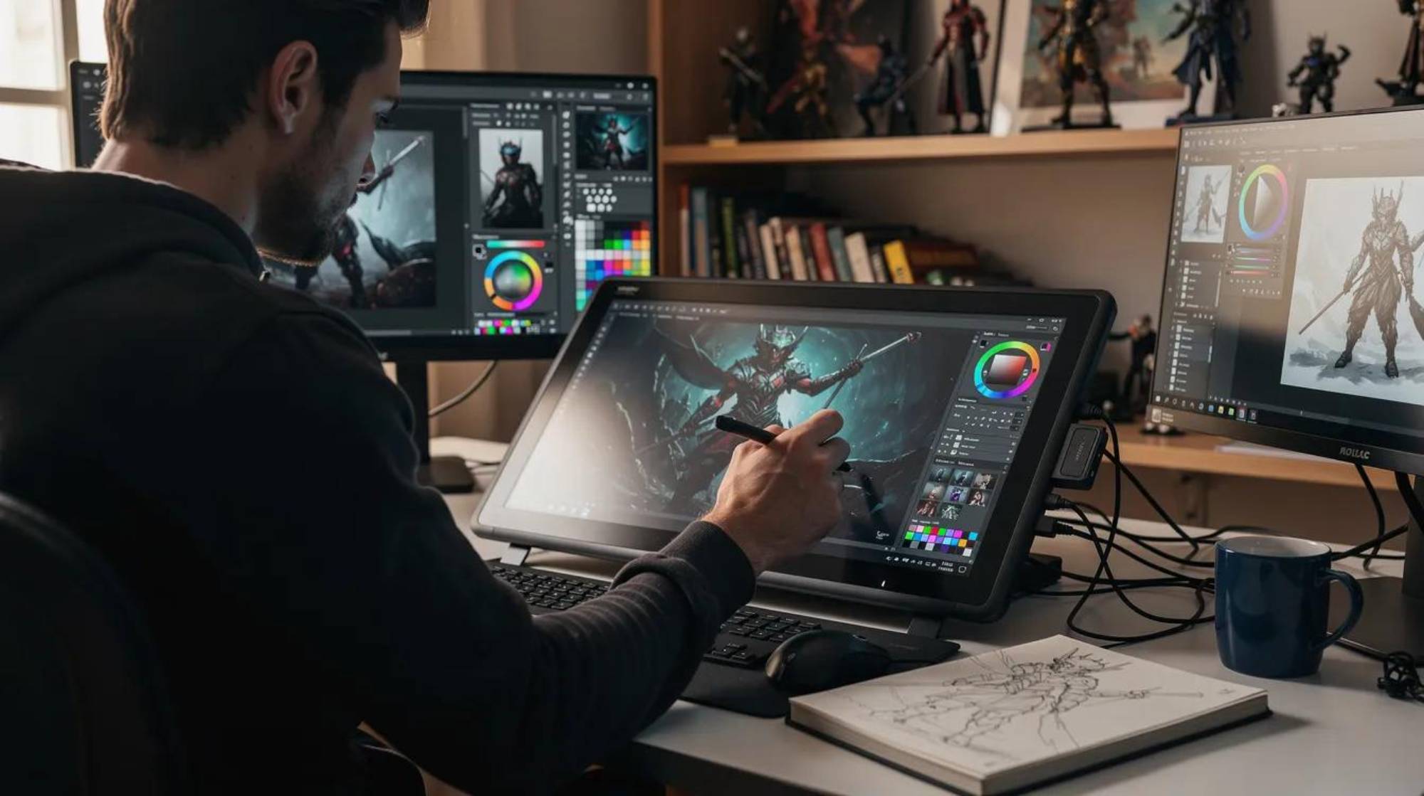 Créateur utilisant une tablette graphique et des outils d’intelligence artificielle pour concevoir une image numérique.