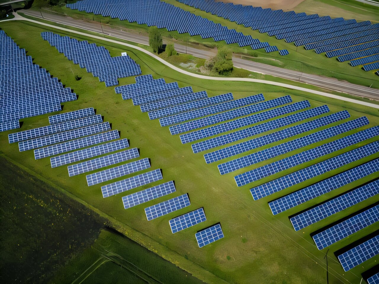 Vue aérienne d’une vaste centrale solaire composée de rangées de panneaux photovoltaïques.
