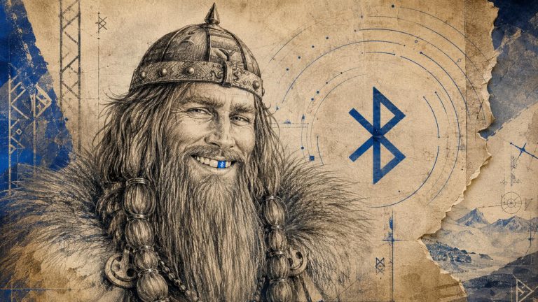 Illustration du roi Harald Bluetooth souriant avec une dent bleue portant le symbole Bluetooth