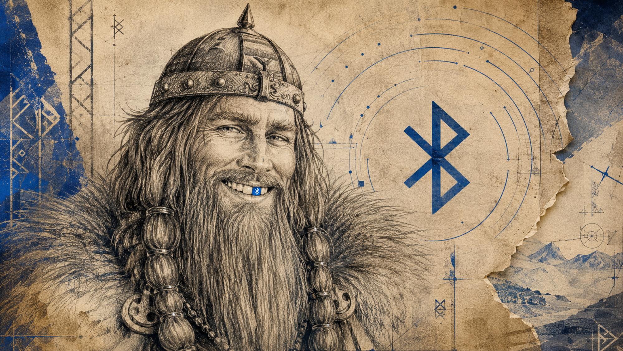 Illustration du roi Harald Bluetooth souriant avec une dent bleue portant le symbole Bluetooth