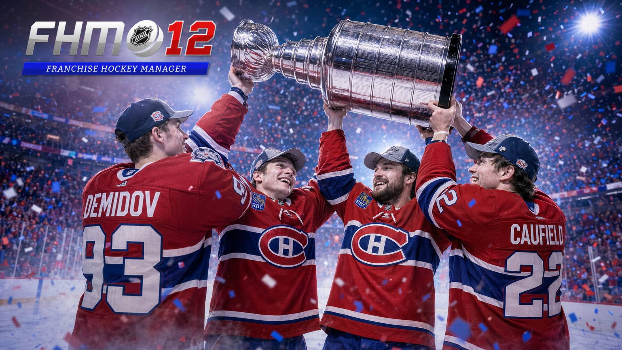 Montage fictif généré par IA montrant quatre joueurs génériques du Canadien soulevant la Coupe Stanley dans Franchise Hockey Manager 12.