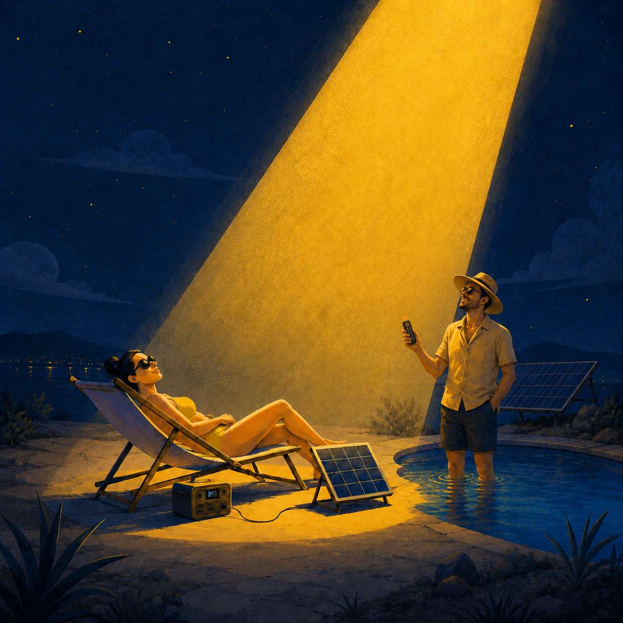 Illustration d’un couple utilisant un faisceau de lumière solaire redirigé depuis l’espace pendant la nuit.