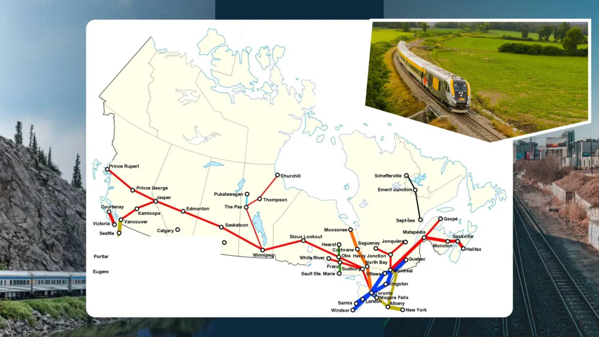 Carte du réseau ferroviaire au Canada en 2026 entourée de trains de voyageurs
