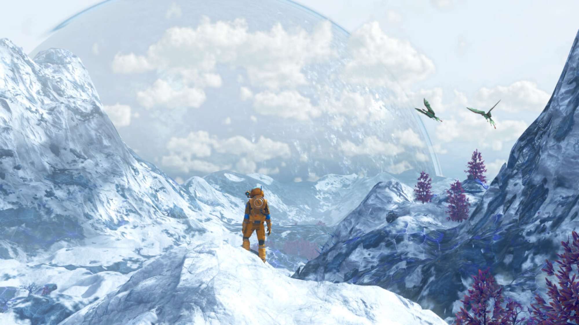 Un astronaute explore les montagnes enneigées d’une planète dans No Man’s Sky