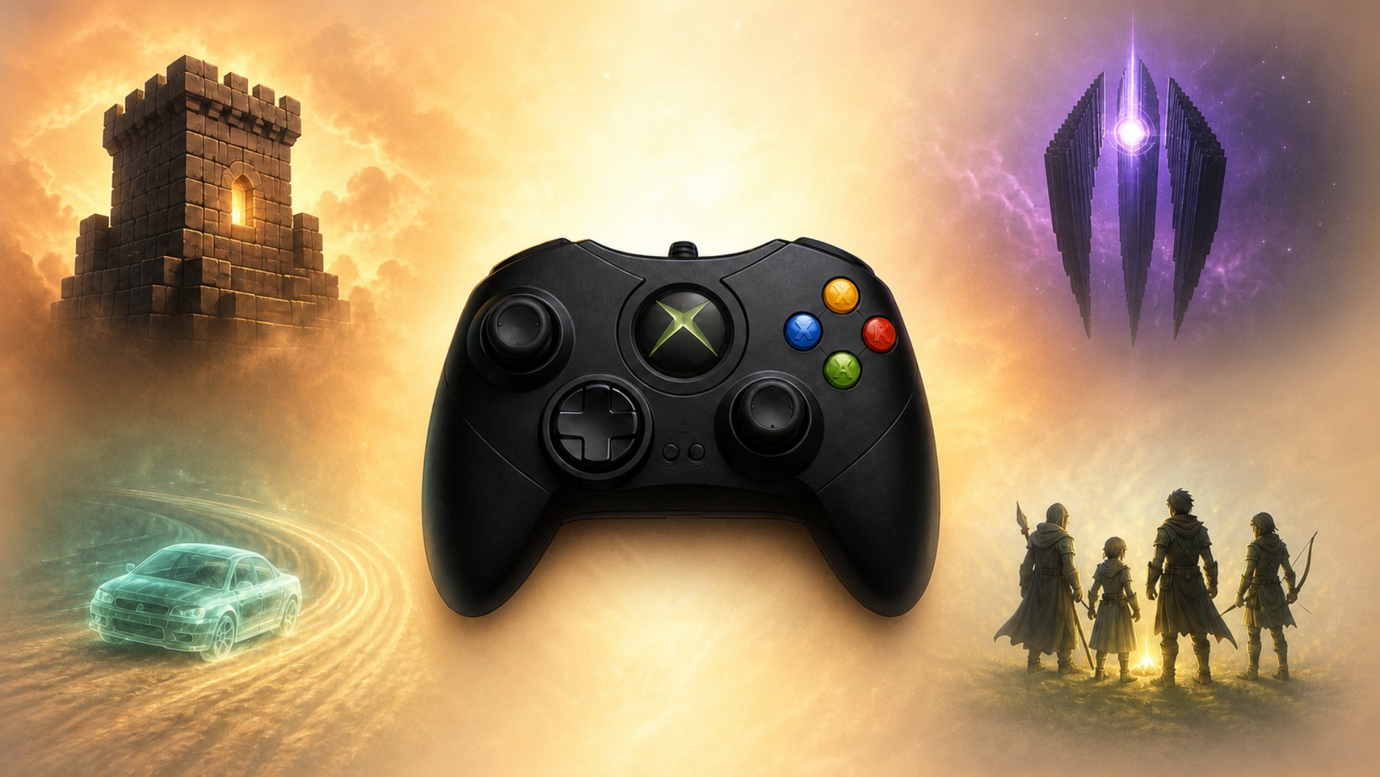 Une manette Xbox classique entourée de quatre univers de jeux vidéo évoquant les fantômes numériques et les lieux de mémoire virtuels.