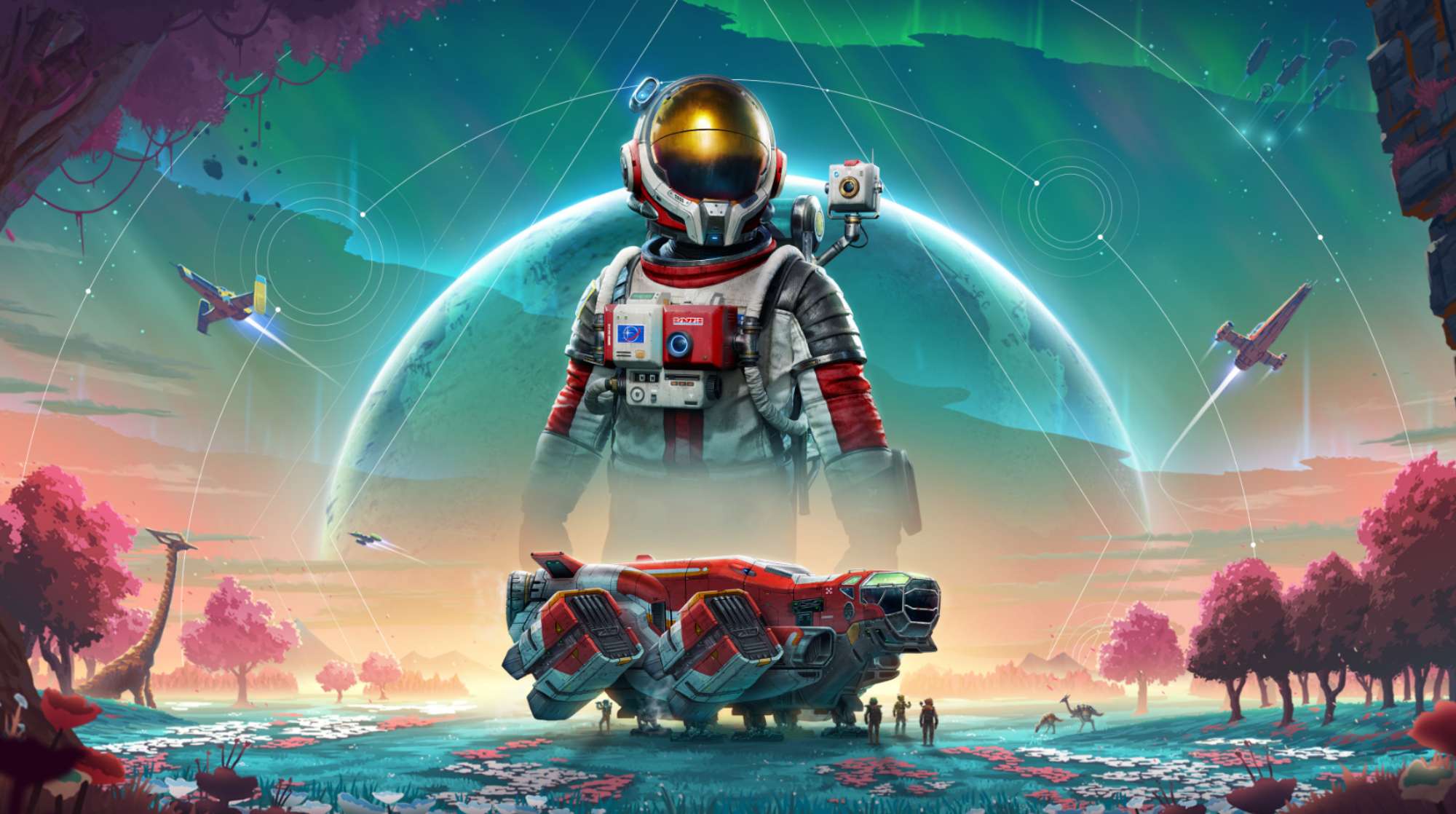 Un astronaute et un vaisseau spatial entourés de planètes et de créatures dans No Man’s Sky