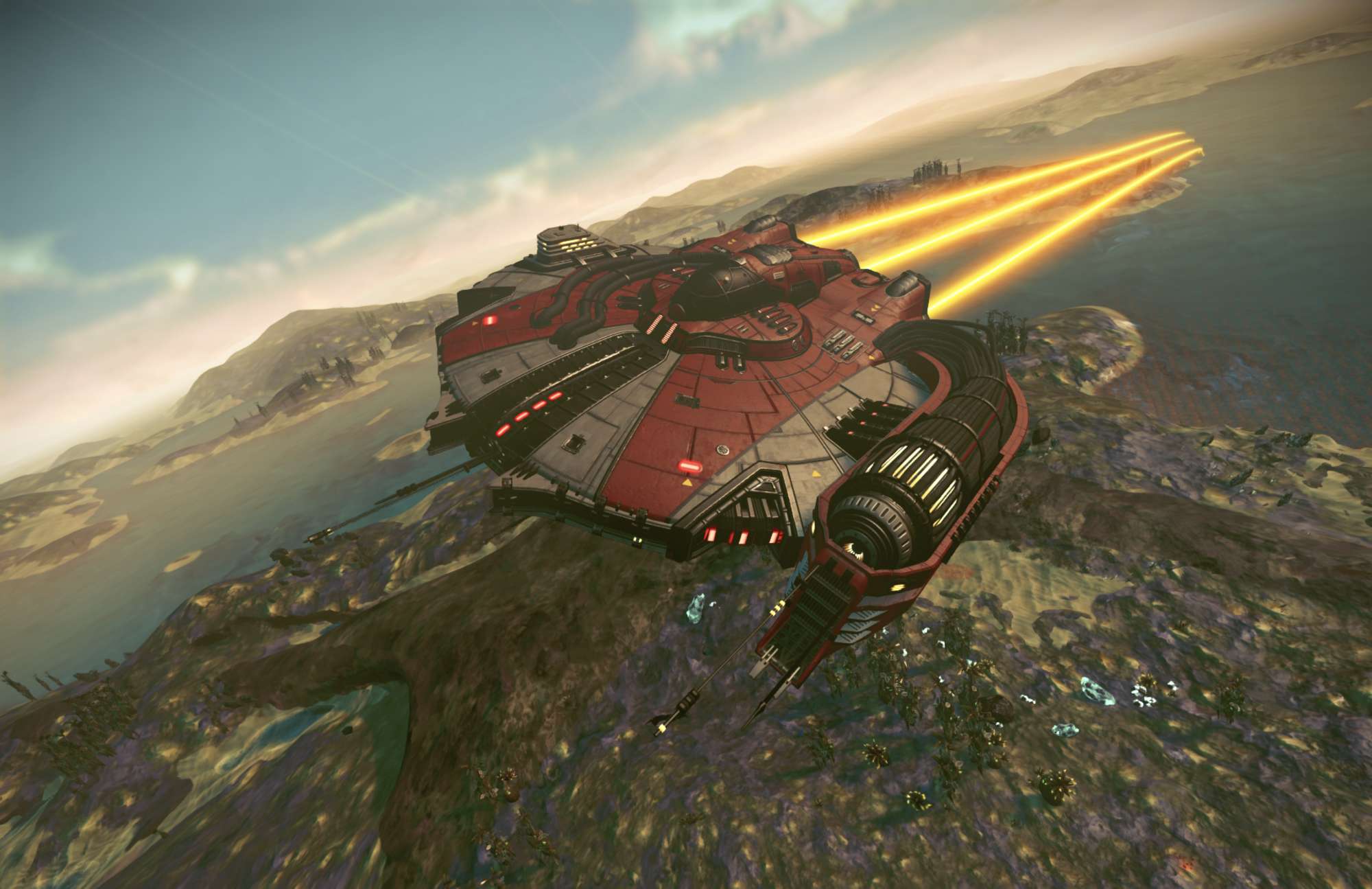 Le vaisseau rouge Boundary Herald survole une planète dans No Man’s Sky