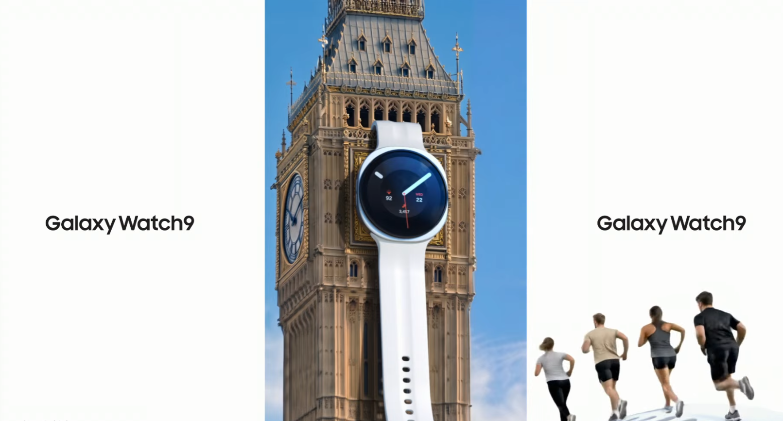 Galaxy Watch9 devant Big Ben avec des coureurs illustrant son suivi sportif