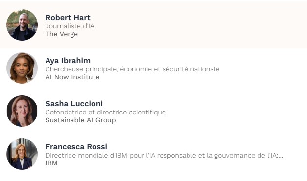 Robert Hart, Ava Ibrahim, Sasha Luccioni et Francesca Rossi, intervenants du panel sur la confiance et la gouvernance de l’IA à ALL IN Montréal 2026.