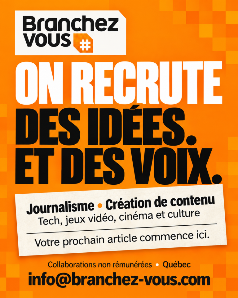 Affiche Branchez-vous « Nouvelles plumes recherchées », avec un stylo orange et l’adresse info@branchez-vous.com. Collaborations non rémunérées.