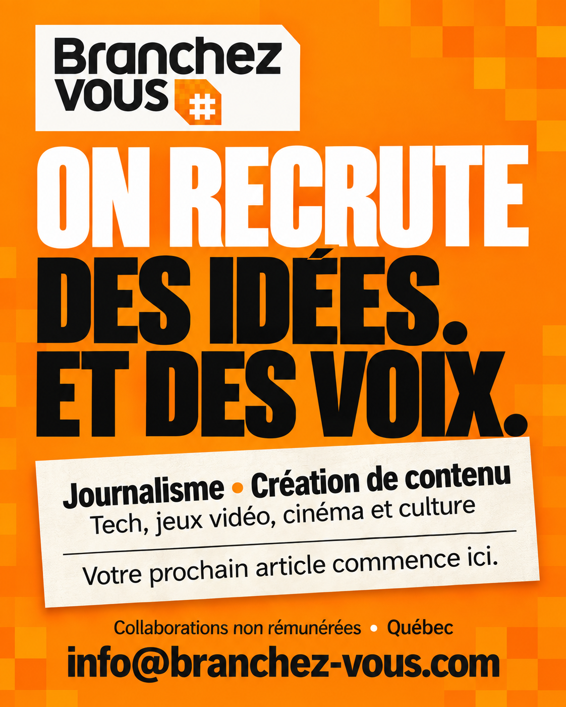 Affiche Branchez-vous « Nouvelles plumes recherchées », avec un stylo orange et l’adresse info@branchez-vous.com. Collaborations non rémunérées.