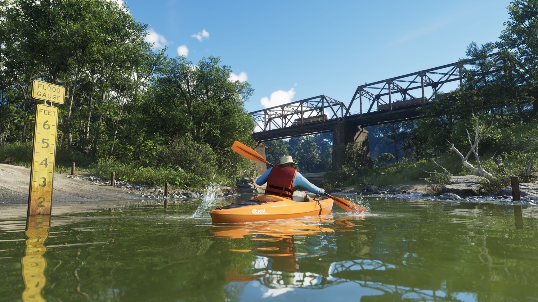 Un personnage navigue en kayak sur une rivière du parc national de Mount Kalaga dans GTA VI.