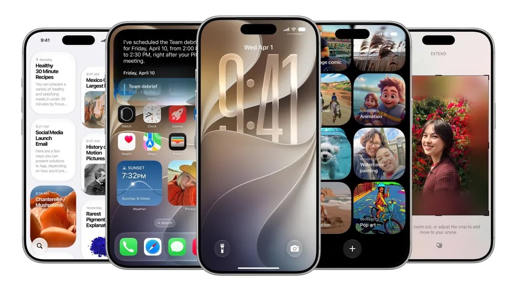 Trois iPhone montrant Messages, un appel entrant et le nouvel écran verrouillé d’iOS 27