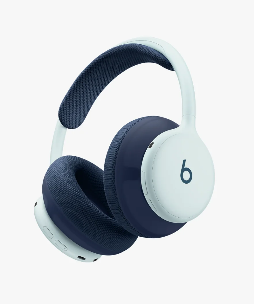 Casque Beats 360 bleu ciel avec coussinets et arceau en maille bleu marine