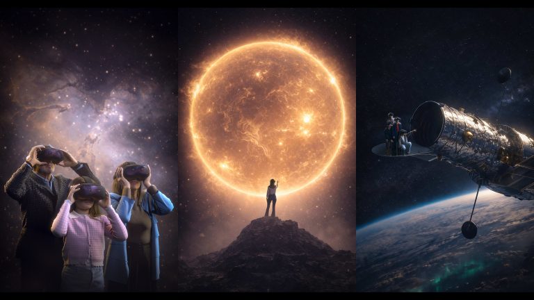 Montage de trois scènes des Mystères du Cosmos : des visiteurs en VR, une étoile géante et le télescope spatial Hubble au-dessus de la Terre.