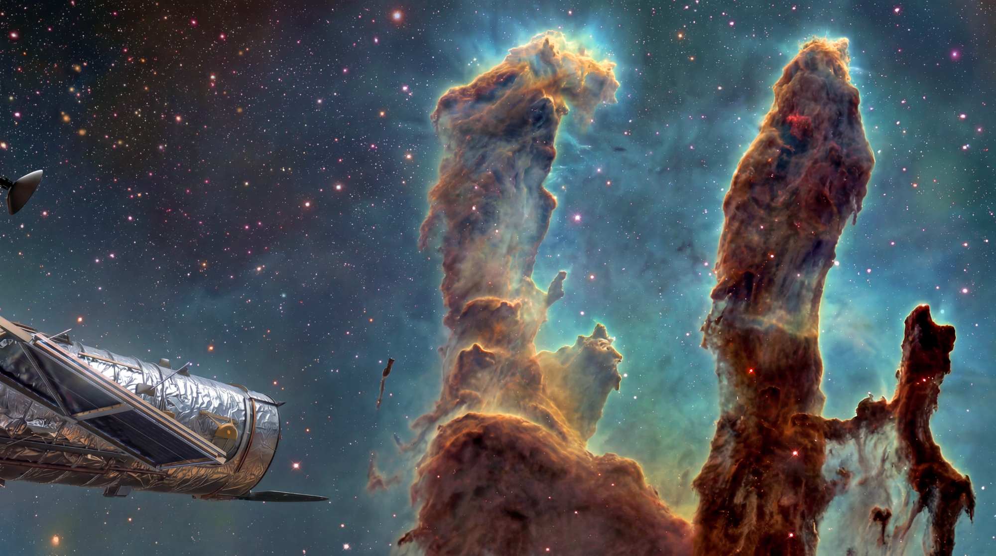 Immenses colonnes de gaz et de poussière des Piliers de la Création, accompagnées d'une représentation du télescope Hubble.