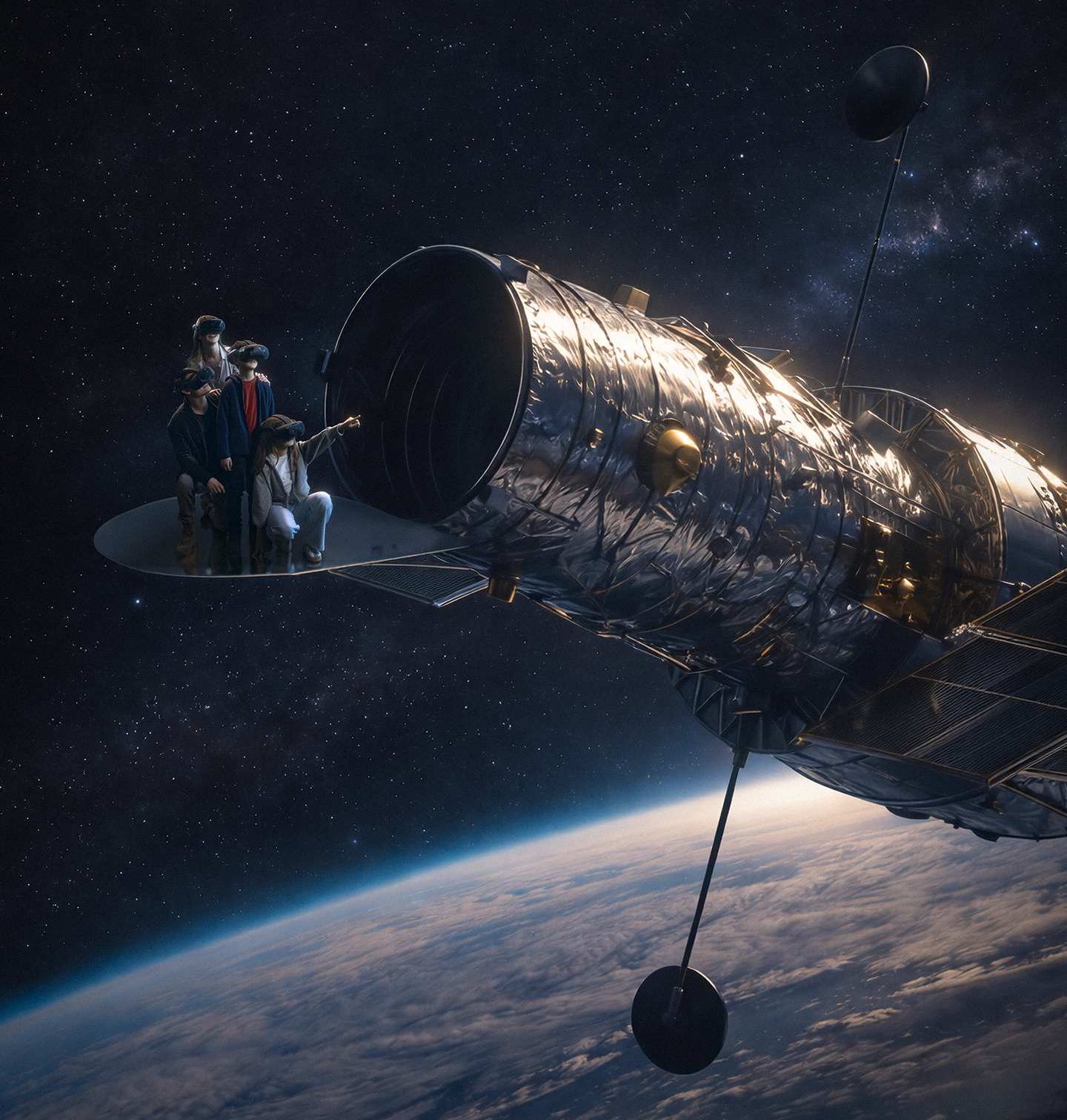 Quatre visiteurs portant des casques VR explorent virtuellement le télescope spatial Hubble en orbite au-dessus de la Terre.