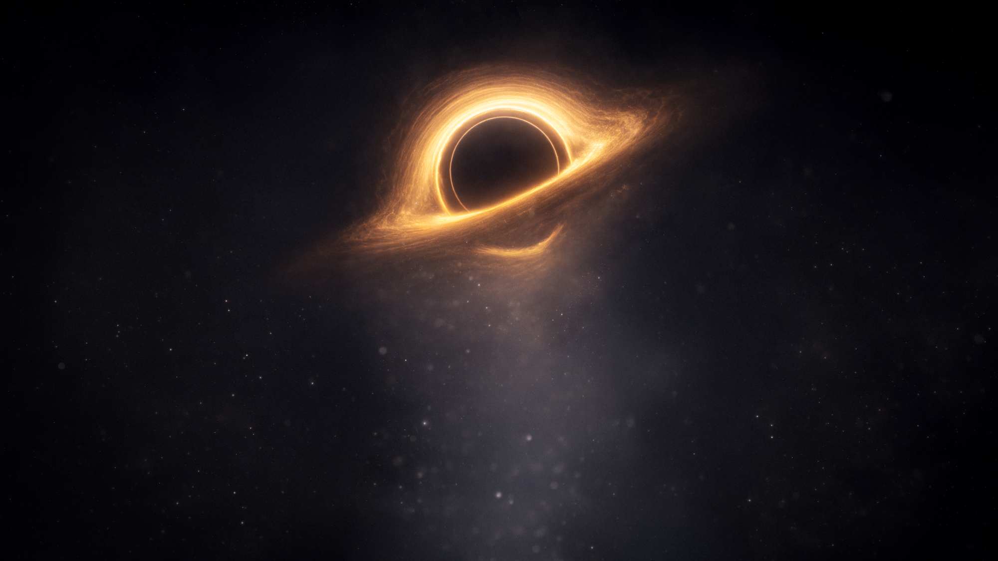 Représentation d'un trou noir entouré d'un disque de matière lumineuse orangée dans l'espace.