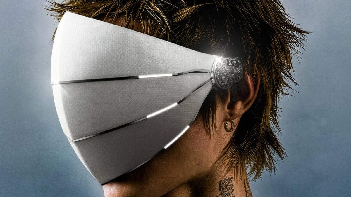 Personne portant la visière OBEX conçue contre la reconnaissance faciale