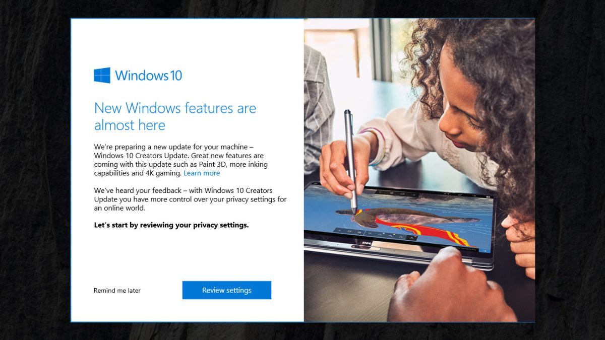 Le message d'alerte vous invitant à installer la mise à jour Creators Update.